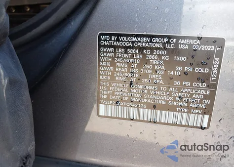 2023 Volkswagen Atlas 2.0T Se z USA, uszkodzony, nr VIN 1V2LP2CAXPC542139